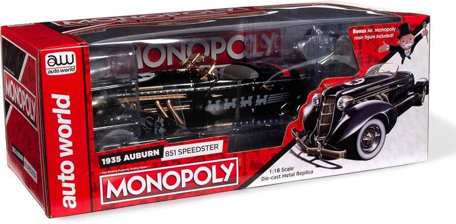 Auto World Silver Screen Machines Monopoly 1935 Auburn 851 Speedster 1/18 Scale Diecast Vehicle Car With Resin Figure