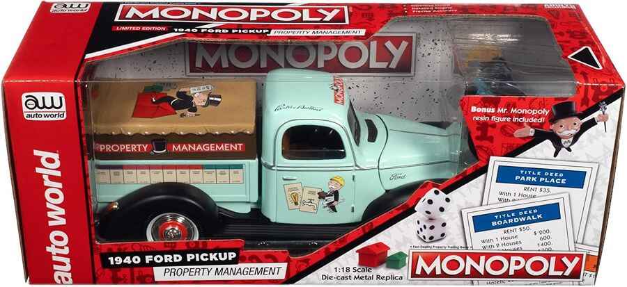 Auto World Silver Screen Machines Monopoly 1940 Ford Pickup Property Management 1/18 Scale Diecast Vehicle Car With Resin Figure