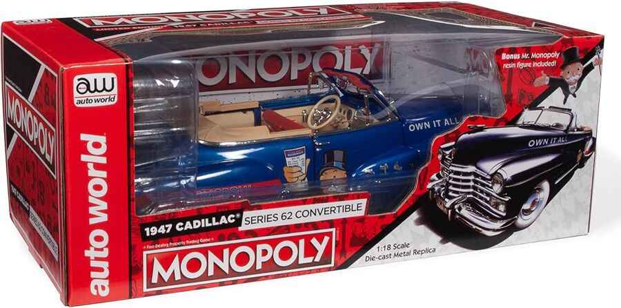 Auto World Silver Screen Machines Monopoly 1947 Cadillac Series 62 Convertible 1/18 Scale Diecast Vehicle Car With Resin Figure