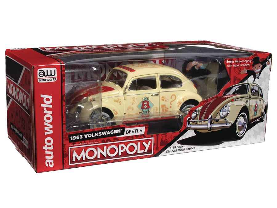 Auto World Silver Screen Machines Monopoly 1963 Volkswagen Beetle 1/18 Scale Diecast Vehicle Car With Resin Figure