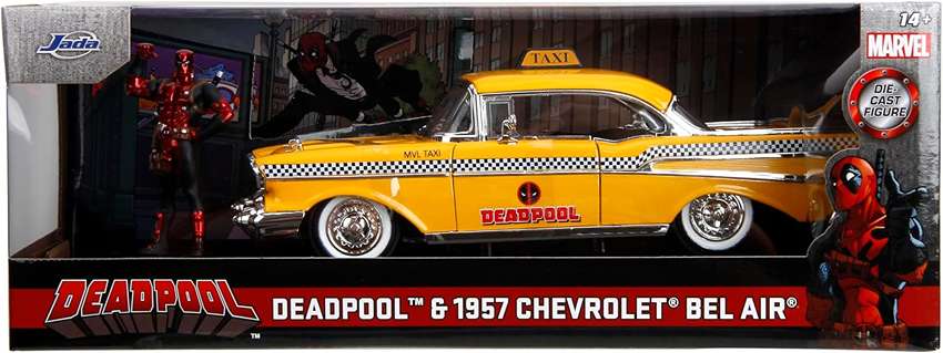 Marvel Series 1957 Chevrolet Bel Air Taxi Yellow with Deadpool Die-cast Figure 1/24 Die-cast Model Car
